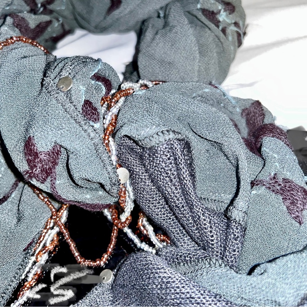Chan Luu floral beaded tasseled scarf Navy Blue